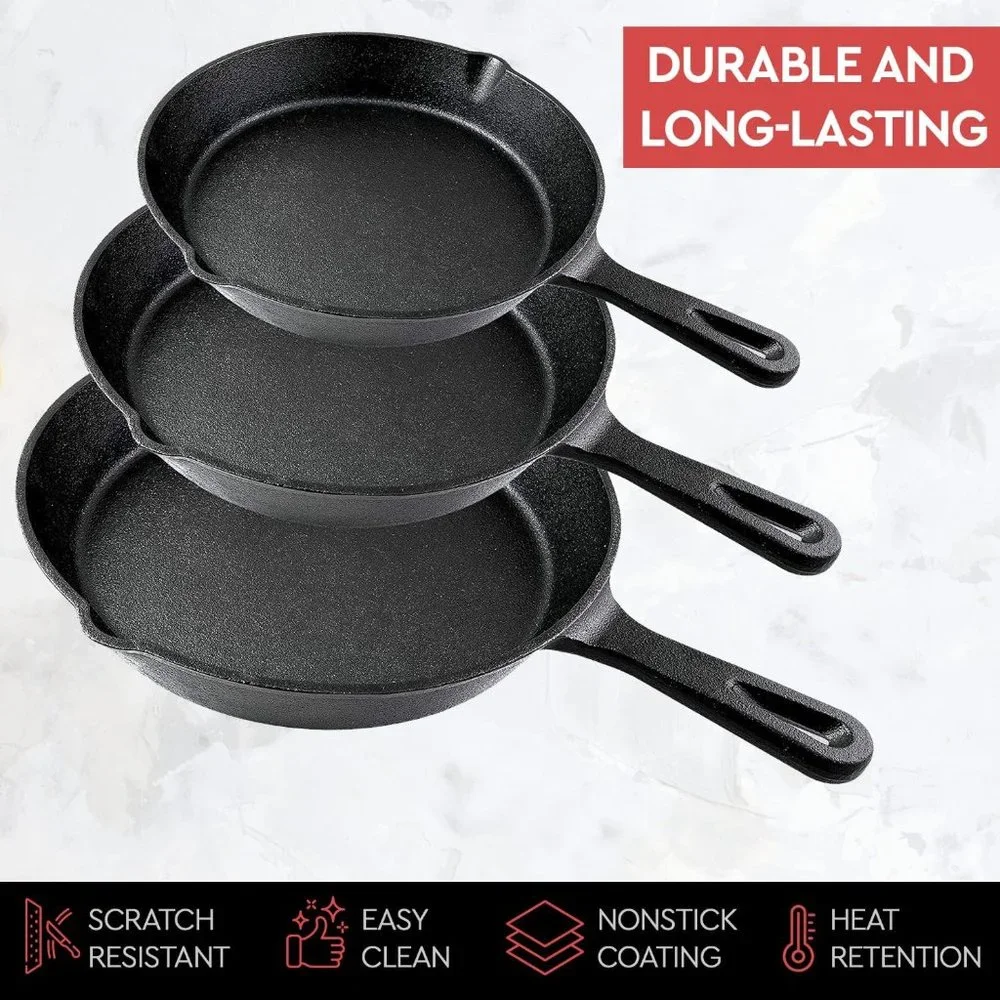 3-Piece Black Cast Iron Skillet Pans Set